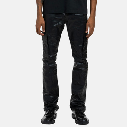 Purple Brand Black Patent Film Cargo Flare Jeans