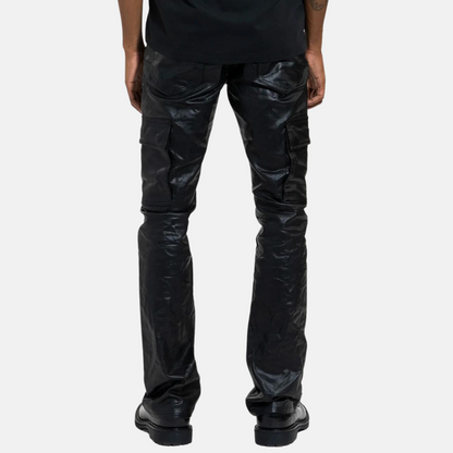 Purple Brand Black Patent Film Cargo Flare Jeans