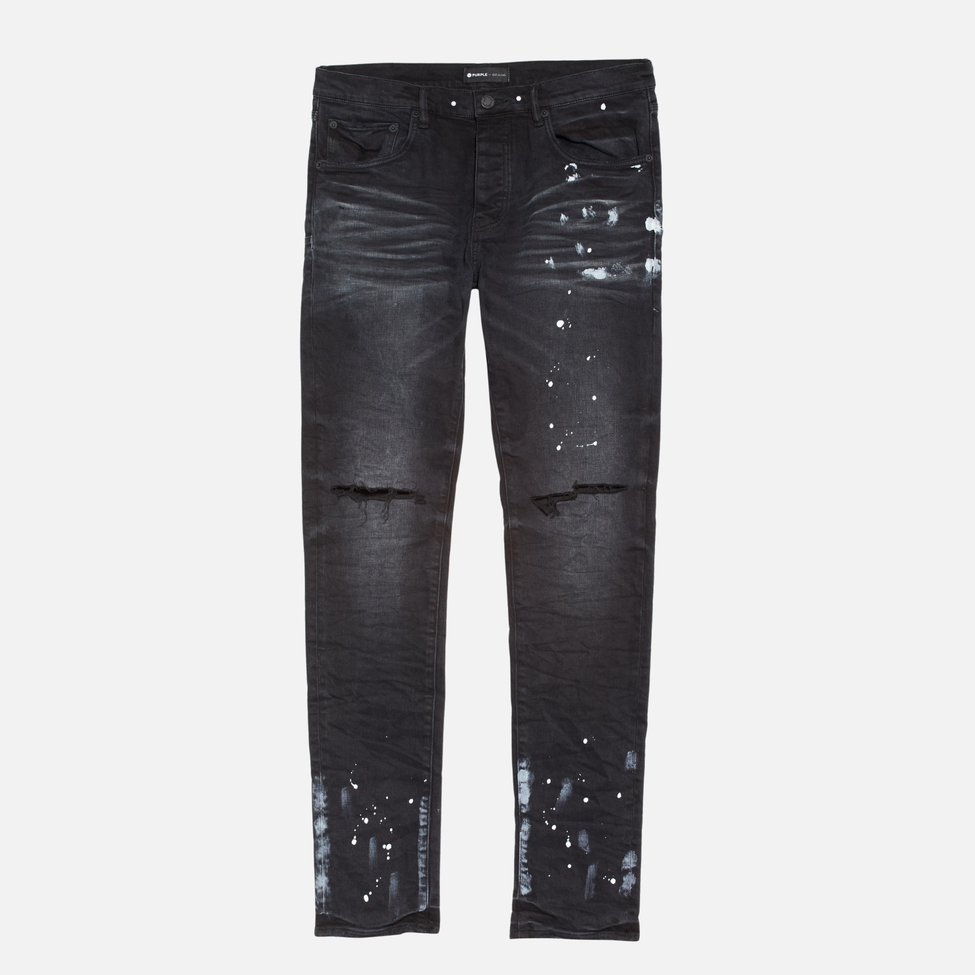 Purple Brand Black Knee Split Paint Splatter Jeans