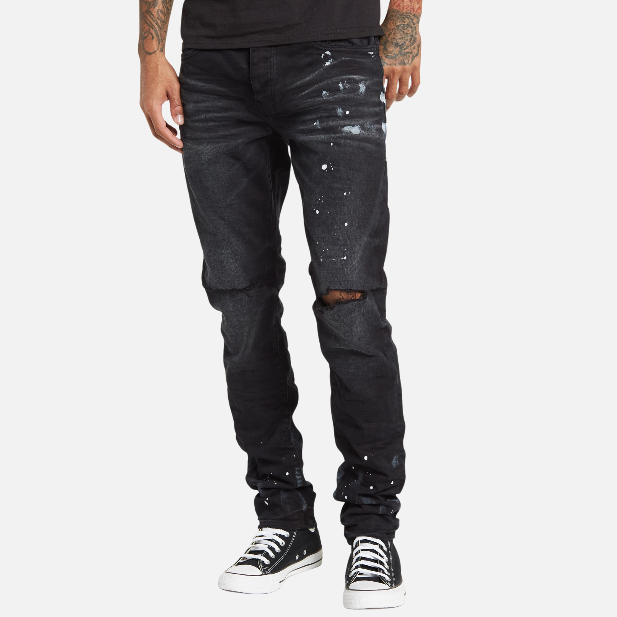 Purple Brand Black Knee Split Paint Splatter Jeans