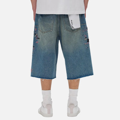 Purple Brand Beaded Splatter Embroidery Mid Indigo Shorts