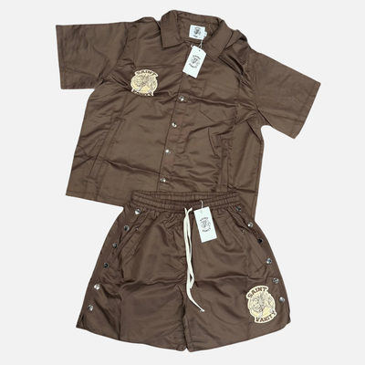 Saint Vanity Brown Nylon Hooded Shirt & Shorts Set