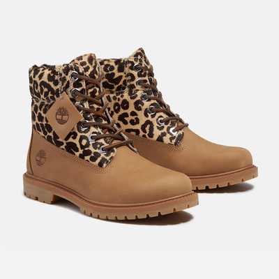 Timberland Women's Premium 6-Inch Leopard Print Beige Nubuck Boots