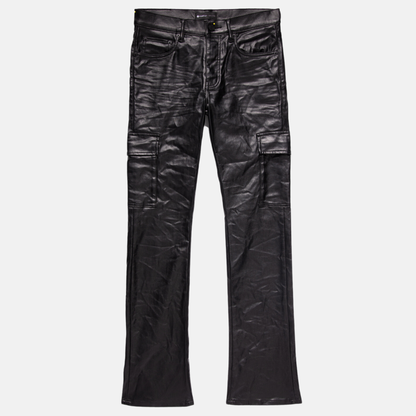 Purple Brand Black Patent Film Cargo Flare Jeans